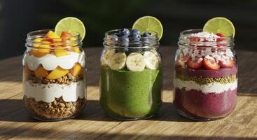Colorful Layered Parfaits with Fresh Fruits, Yogurt, Granola, and Smoothies in Jars photo