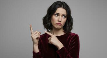 Hesitant woman in red velvet top pointing to the side with a questioning expression photo