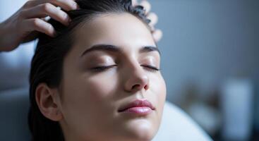 Young woman with closed eyes enjoying a relaxing head massage in a spa photo
