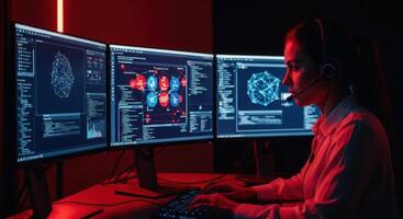 A determined female cybersecurity expert working late at night on multiple computer screens. photo