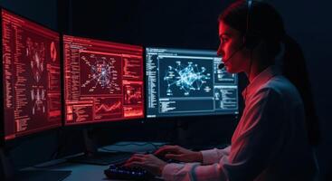 Female cybersecurity expert working on multiple screens with data in a dark control room photo