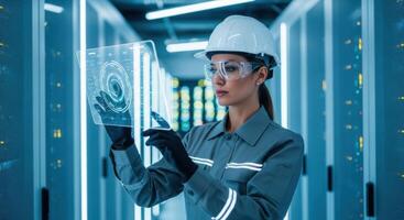 Female Engineer Monitoring Data in a Modern Server Room with Holographic Screen photo