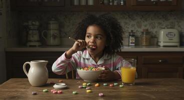 Young girl in pajamas eating colorful cereal for breakfast at a rustic kitchen table photo