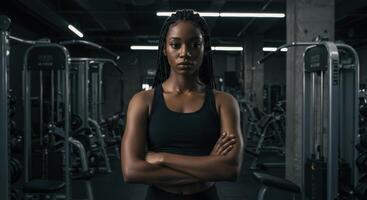 Confident African woman with braided hair standing with arms crossed in a modern gym. photo