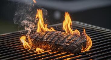 Thick steak cooking on a hot metal grill grate with intense flames photo