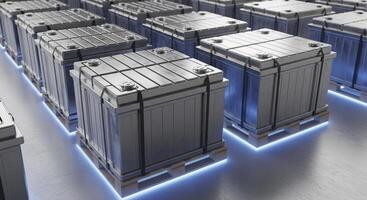 Large Metallic Battery Packs on Pallets with Blue Glow for Energy Storage photo