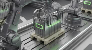 Robotic Arm Moving Large Metallic Battery Pack in an Automated Futuristic Factory photo