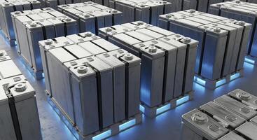 Large metallic battery packs stacked on pallets with blue glow for energy storage photo