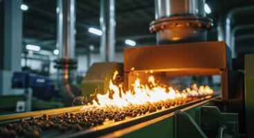 Small brown pellets burning on an automated conveyor belt in a modern industrial factory photo