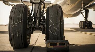 Airplane Landing Gear with Heavily Worn Tires and Chock on Airport Tarmac photo