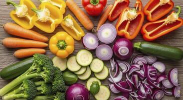Vibrant assortment of fresh colorful vegetables, some whole and some chopped, on wood photo