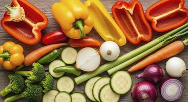 A vibrant assortment of fresh, colorful, and healthy vegetables on a wooden surface. photo