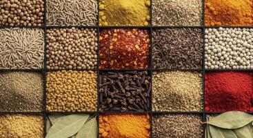Colorful Assortment of Various Whole and Ground Spices Arranged in a Grid Pattern photo