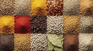 Vibrant Assortment of Colorful Spices and Herbs Arranged in a Grid Pattern photo