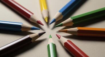 Brightly Colored Pencils Arranged in a Circle with Sharpened Tips Pointing Inward photo