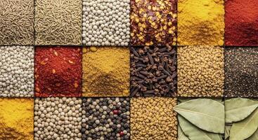 Vibrant Assortment of Aromatic Spices and Herbs in a Grid Pattern Top Down View photo