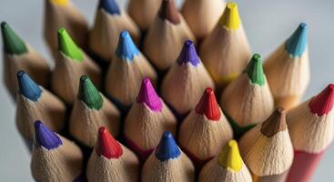 Close up macro view of a tightly packed cluster of sharpened colored pencils photo