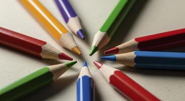 Vibrant colored pencils arranged in a circle, tips meeting in the center for creativity photo