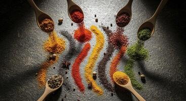 Colorful Spices and Herbs Poured from Wooden Spoons on a Dark Textured Surface photo