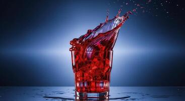 Dynamic Red Liquid Splashing from a Glass with Ice Cubes on a Dark Blue Background photo