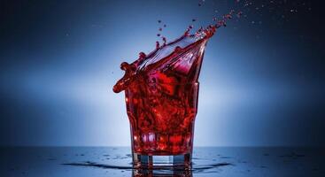 Dynamic Splash of Bright Red Liquid Erupting from a Clear Glass Against a Blue Background photo