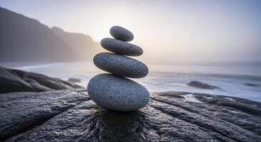 Stacked smooth stones balancing on a wet rock by the ocean at sunrise, symbolizing peace photo