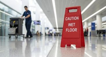 Red Caution Wet Floor Sign on Polished Floor with Cleaner Working in Modern Building photo