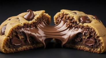 Warm chocolate chip cookie broken in half with melted gooey chocolate center photo