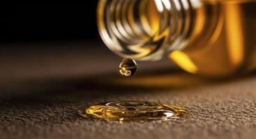 Golden viscous liquid drop falling from a bottle creating ripples on a dark surface photo