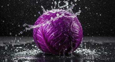 Vibrant Purple Cabbage with Dynamic Water Splashes Against a Dark Background photo
