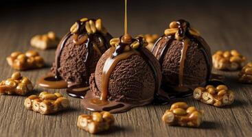 Dark chocolate ice cream scoops with peanuts, chocolate syrup, and caramel sauce on wood. photo