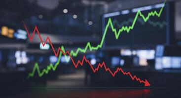 Red and green line charts showing market decline and growth on a blurred financial background photo
