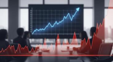 Financial charts showing growth and decline overlaid on a blurred business meeting photo