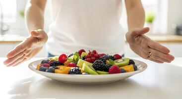 Colorful Fruit Salad with Fresh Berries and Kiwi Presented by Hands in a Bright Kitchen photo