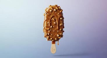 Delicious caramel and pretzel coated ice cream bar with melting drips on a wooden stick photo