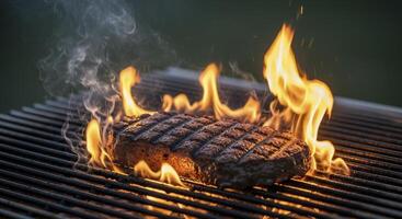 Thick steak sizzling on a hot grill grate with vibrant flames and rising smoke photo