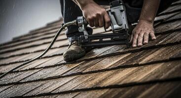Professional roofer installing wooden shingles on a house roof with a nail gun in the rain photo