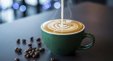 Pouring Milk into a Dark Green Coffee Cup to Create Beautiful Latte Art photo
