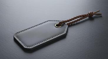 Blank Dark Grey Leather Tag with White Stitching and Braided Strap on a Dark Surface photo
