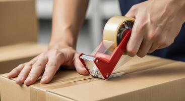 Hands using a tape dispenser to seal a cardboard box for shipping and delivery photo