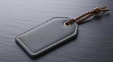 Blank Dark Grey Leather Tag with White Stitching and Braided Strap on Textured Surface photo