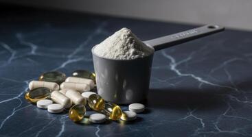 Creatine Powder in Scoop with Various Pills and Capsules for Sports Nutrition photo