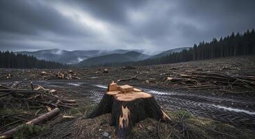 Prominent Tree Stump in a Vast Deforested Landscape Under a Dark Cloudy Sky photo