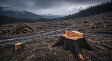 Prominent tree stump in a deforested area showing environmental impact of logging photo
