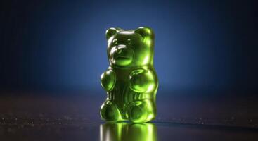Vibrant Green Gummy Bear Candy Standing on a Reflective Surface with Studio Lighting photo