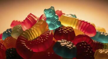 Colorful Gummy Candies Pile with Gummy Bears and Worms Illuminated by Warm Light photo