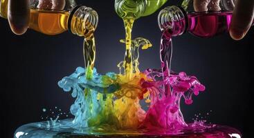 Vibrant Colorful Liquids Pouring and Mixing in Dynamic Fluid Art Against Dark Background photo