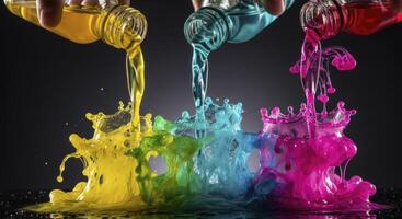 Vibrant colorful liquids pouring and splashing, creating dynamic abstract shapes and crowns photo