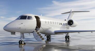 White private jet with open door and stairs parked on wet tarmac under blue sky photo