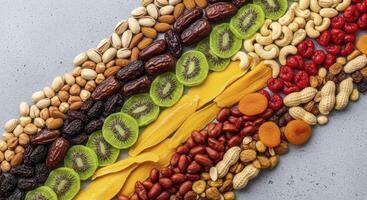 Assortment of healthy dried fruits and nuts arranged in diagonal rows photo